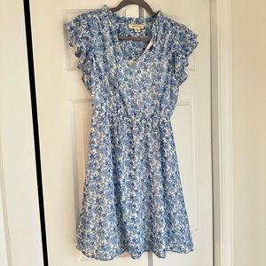 Blue and White Floral Dress, Ruffle Sleeve, Size Small